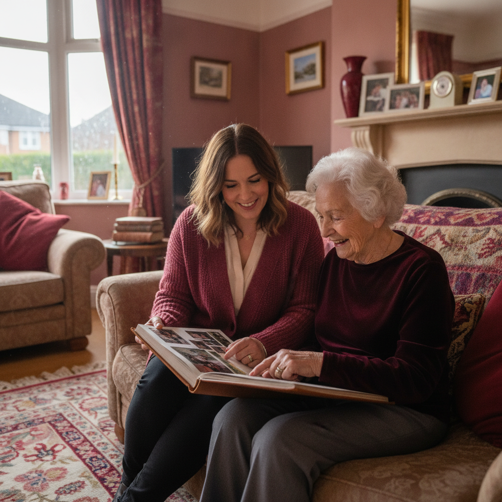 A Rosewood carer looking through a photo album with a client
