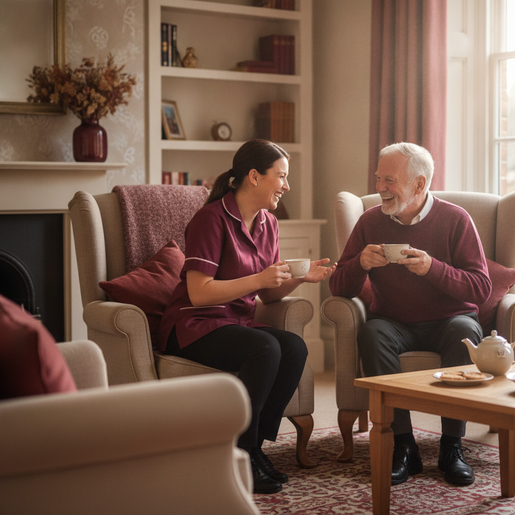 A Rosewood carer sharing tea and conversation with a client at home in Chester